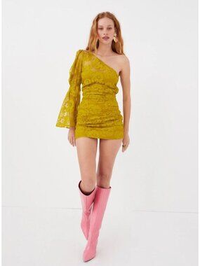 NWT For Love and Lemons Tiana One-Shoulder Lace Floral Mini Dress Yellow XS